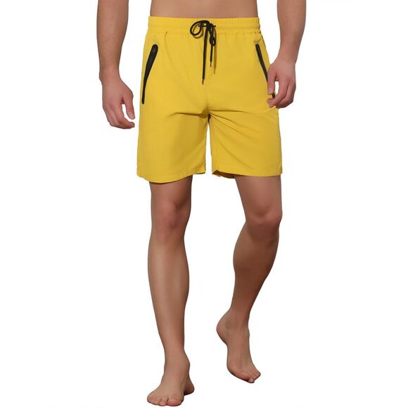 Men's Solid Color Elastic Waistband Lightweight Swimwear Shorts Yellow - Picture 5 of 6
